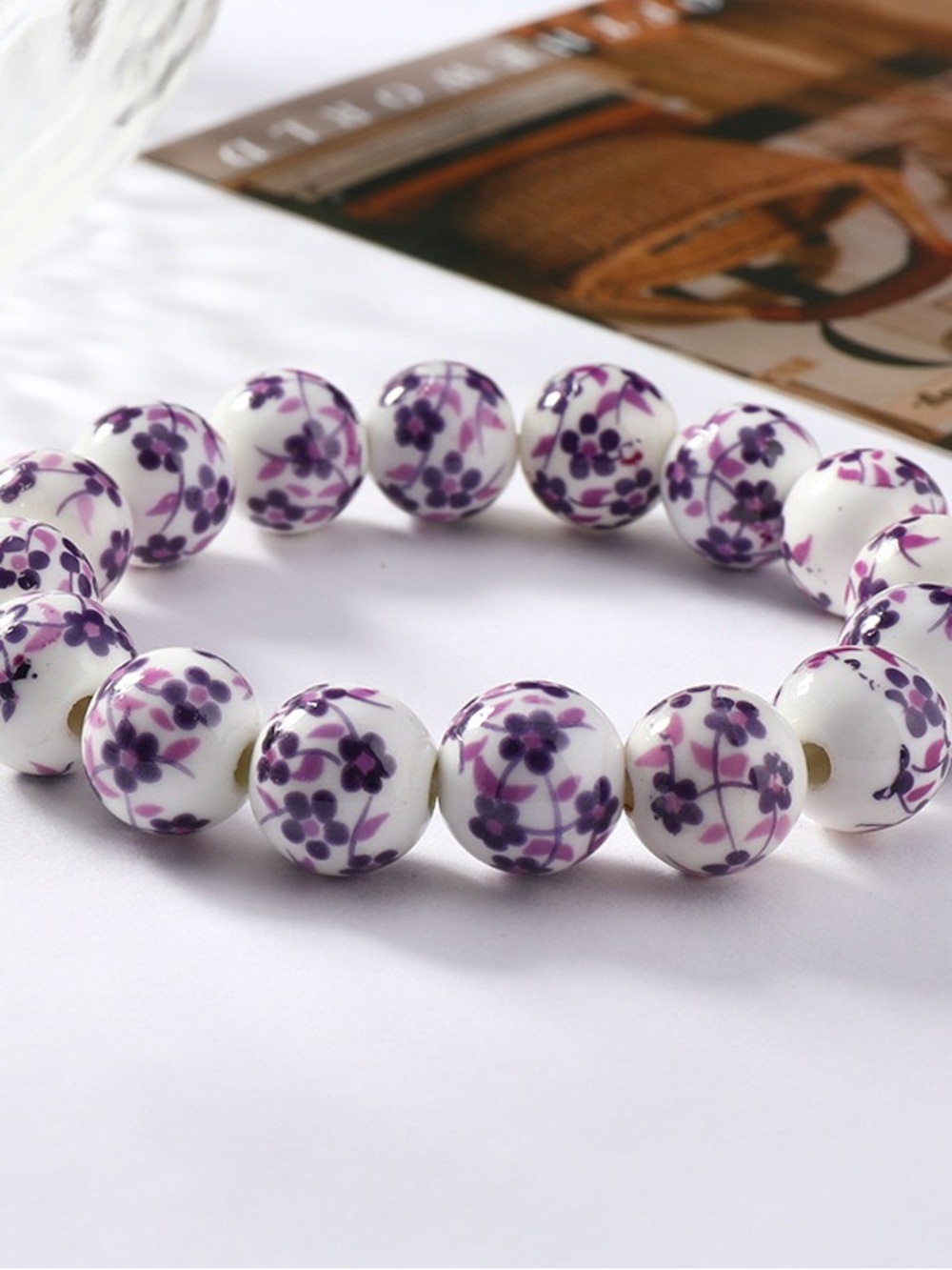 Porcelain White and Purple Floral Bead Stretch Bracelet - Women Jewelry